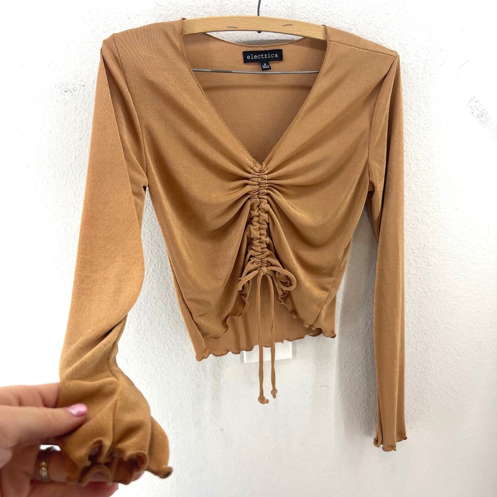 Electrica Ruched Drawstring Front Ribbed Top Womens M Shimmer Tan Y2K Bratz